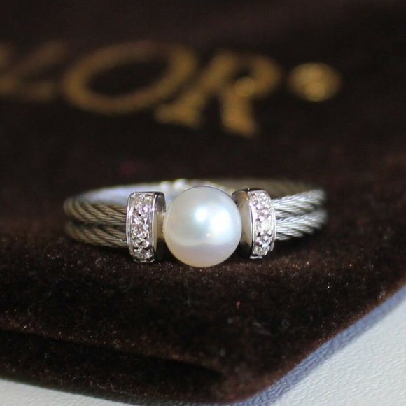 ALOR White Gold Stainless Steel Pearl Diamond Ring